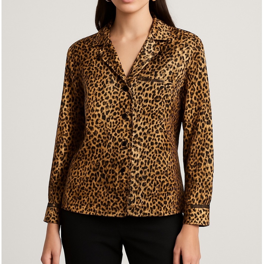 Private‎ Luxuries Satin Leopard Blouse Womens M Button Down Pajama Style Top